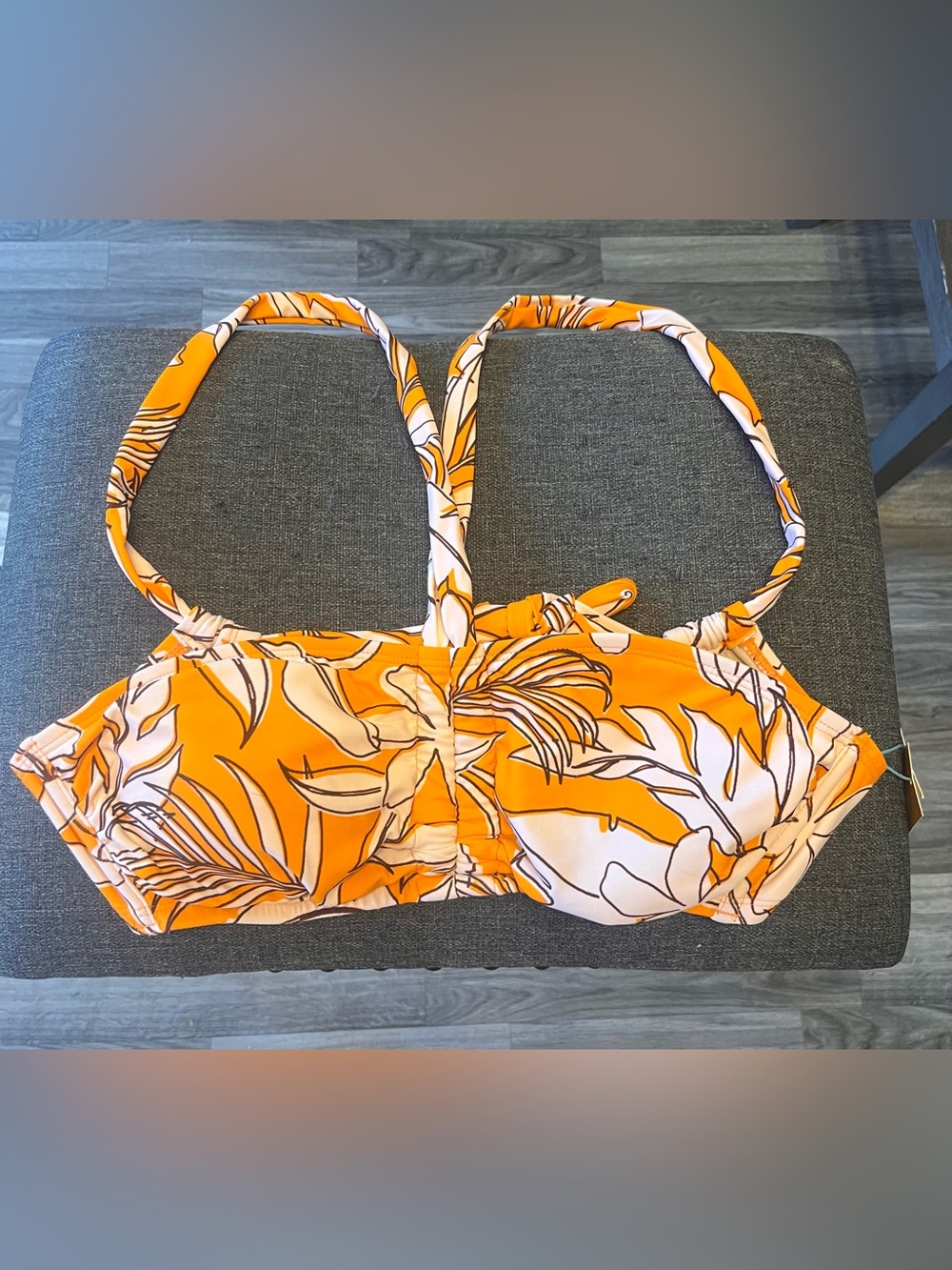 Kona Sol Orange and White Tropical Print Bikini Top